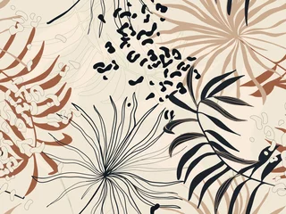 Foto op geborsteld aluminium Tropische bladeren Modern exotisch patroon met luipaardvel. Creatief collage eigentijds naadloos patroon. Modieuze sjabloon voor ontwerp.