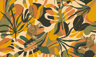 Materiał do szycia Exotic jungle illustration pattern with pumas. Creative collage contemporary floral seamless pattern. Fashionable template for design.