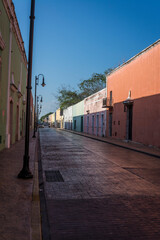 Typical street with beautiful pastel-painted houses, Valladolid, Yucatan, Mexico
