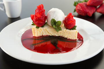 cheese cake with strawberry syrup