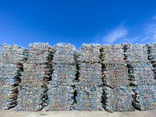 Plastic bottles,compressed into bales and ready for recycling