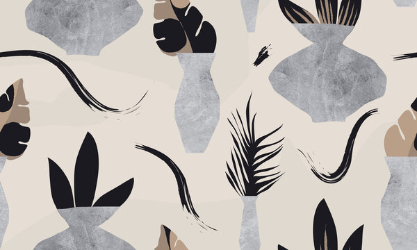 Minimalist plants illustration pattern. Creative collage contemporary floral seamless pattern. Fashionable template for design.