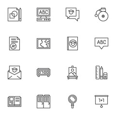 Back to school line icons set, outline vector symbol collection, linear style pictogram pack. Signs, logo illustration. Set includes icons as alarm clock, geography map, book, whiteboard, test result