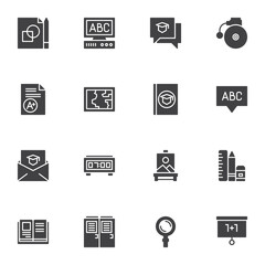 Back to school vector icons set, modern solid symbol collection, filled style pictogram pack. Signs, logo illustration. Set includes icons as alarm clock, geography map, book, whiteboard, test result