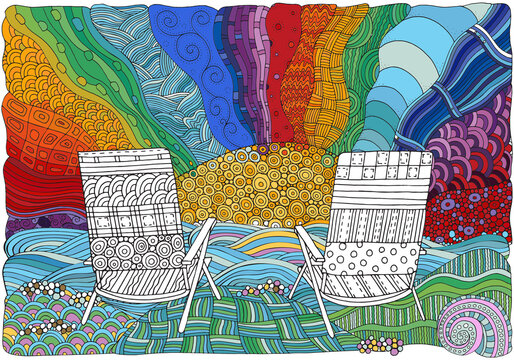 Two deckchairs on a beach, facing out to sea. Coloring book page for adult. Art zentangle style. Doodle, hand-drawn, vector illustration. Black and white and other colors