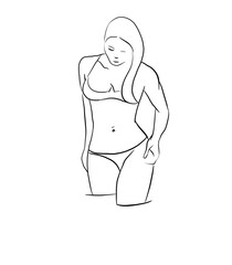 A young cute girl in bikini is standing in water.