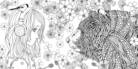 Cute littlel girl with headphones and Bear in knitted scarf. Coloring book page for adult and children. Black and white.