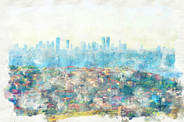 Watercolor drawing. illustration city, istanbul view