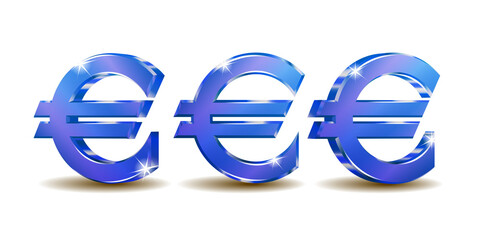 Set of Blue shining euro sign in three different positions