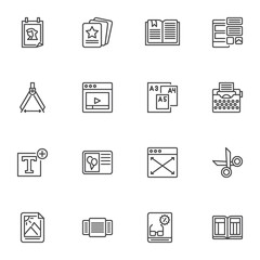 Editorial design line icons set, outline vector symbol collection, linear style pictogram pack. Signs, logo illustration. Set includes icons as copywriting, framework, typography, layout,grid, photo