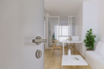 Door handle , door open in front of blur interior room background, selective focus