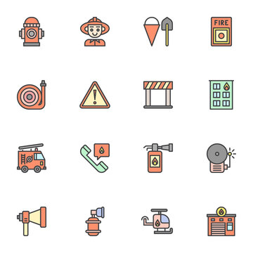 Firefighter service filled outline icons set, line vector symbol collection, linear colorful pictogram pack. Signs logo illustration, Set includes icons as emergency rescue, fire hydrant, extinguisher