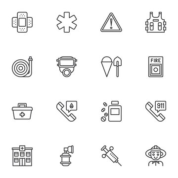 Emergency service line icons set, outline vector symbol collection, linear style pictogram pack. Signs logo illustration. Set includes icons as fireman, protective mask, safety west, hospital building