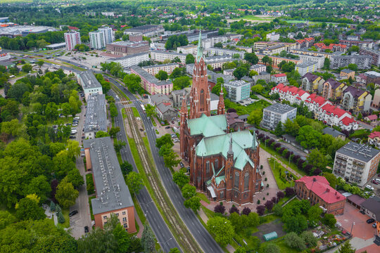 Aerial view of city center of Dabrowa Gornicza. Church of Our Lady of the Angels Lady Dąbrowa G&oacute;rnicza and Mother of the Basin. Upper Silesia. Poland.