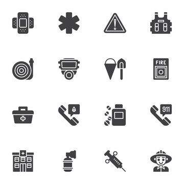Emergency service vector icons set, modern solid symbol collection, filled style pictogram pack. Signs logo illustration. Set includes icons as fireman, protective mask, safety west, hospital building