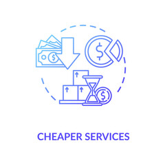 Cheaper services blue gradient concept icon. Marketing strategy. Trading solution. Commerce, money. Reduces price for product idea thin line illustration. Vector isolated outline RGB color drawing
