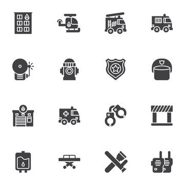 Emergency services vector icons set, modern solid symbol collection, filled style pictogram pack. Signs, logo illustration. Set includes icons as police, firefighter, ambulance truck, fire alarm