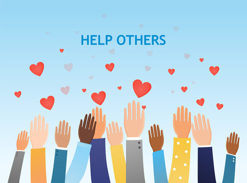 Help Others concept with a group of diverse people volunteering holding up their hands below floating red hearts and copy space for text, colored vector illustration