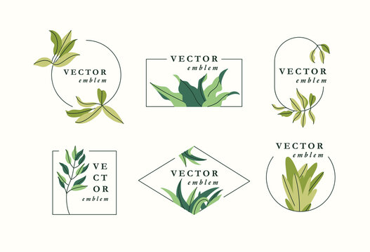 Vector set logos floral design template in trendy linear style. Plant and monogram with elegant leaves. Emblem for fashion, beauty and jewellery industry.