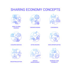 Sharing economy blue gradient concept icons set. Service improvement with investment. Collaborative work on business project idea thin line RGB color illustrations. Vector isolated outline drawings