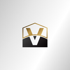 Golden house negative space letter V logo design template concept for business, real estate, hotel, construction and more identity
