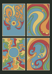1960s Style Groovy Backgrounds, Vintage Color Abstract Wavy Patterns, Cover Templates