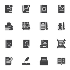 Scientific literature vector icons set, modern solid symbol collection, filled style pictogram pack. Signs logo illustration. Set includes icons as bookshelf, law book, reading, writing, download book