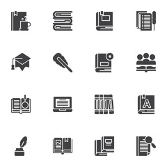 Book reading vector icons set, literature modern solid symbol collection, filled style pictogram pack. Signs, logo illustration. Set includes icons as book stack, education, dictionary, e-book, write