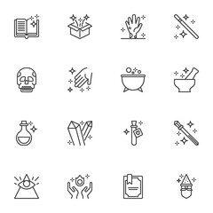 Fairytale magic line icons set, outline vector symbol collection, linear style pictogram pack. Signs, logo illustration. Set includes icons as magician book, magic wand and stars, potion cauldron