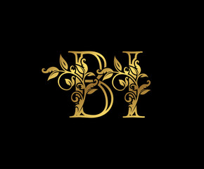 Luxury Gold letter B, I and BI Vintage decorative ornament letter stamp, wedding logo, classy letter logo icon.