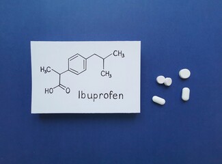 Structural chemical formula of ibuprofen molecule with ibuprofen tablets. Ibuprofen is a medication in the nonsteroidal anti-inflammatory drug (NSAID) class that is used for treating pain and fever.
