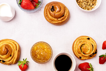 Background with Romantic Creative Breakfast Freshly Baked Buns Black Coffee Cream Raw Strawberry Tasty Food Concept Top View