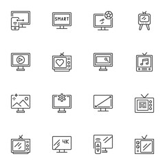Television line icons set, TV screen outline vector symbol collection, linear style pictogram pack. Signs, logo illustration. Set includes icons as computer monitor, retro tv, led, remote control