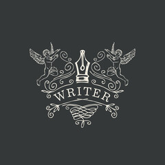 Writer logo, icon, vignette or label with hand-drawn nib, angels, and curlicues. Vector banner or illustration on a literary theme in vintage style on a black background. Drawing chalk on a blackboard
