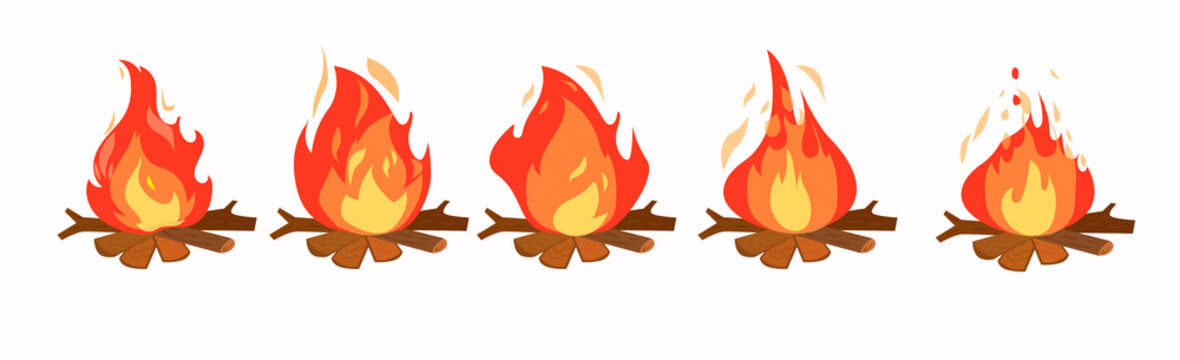 Set of fire animation, vector flat style.Bonfire, motion footage