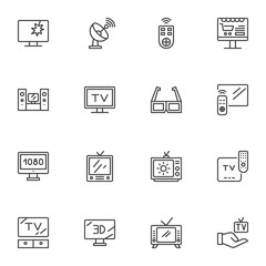 Television screen line icons set, outline vector symbol collection, linear style pictogram pack. Signs, logo illustration. Set includes icons as wide TV display, computer monitor, remote control, 3D