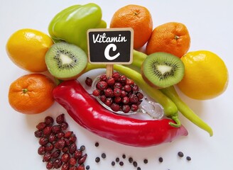 Foods high in vitamin C (ascorbic acid). Fresh fruits and vegetables as a natural source of vitamin C: lemon, kiwi, orange, paprika, and rose hips.
