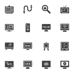 TV screen vector icons set, modern solid symbol collection, filled style pictogram pack. Signs, logo illustration. Set includes icons as retro television antenna, modern display, full hd resolution
