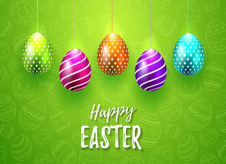 Happy Easter Vector Typography card with colored eggs on green seamless background for greeting card, ad, promotion, poster, flyer, web-banner, article, social media