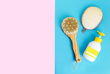 body massage brush, loofah washcloth and shower gel
