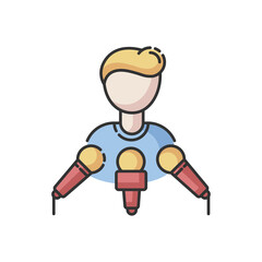 Spokesperson RGB color icon. Press conference. Speaker on podium with microphones. Politician give interview. Journalist talk. Reporter on television broadcast. Isolated vector illustration