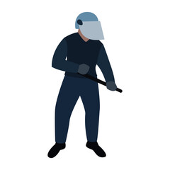 Police officer on a white background with a baton in an aggressive pose. Vector illustration for web design or print.