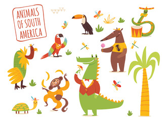 Fototapeta premium Vector set of funny cartoon hand drawn tropical animals of South America.
