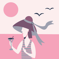 Beach banner or poster design with girl in violet summer hat drinking martini cocktail. Flat vector illustration in retro style. Beautiful women modern trendy silhouette in pink colors