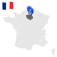 Location of Ile-de-France  on map France. 3d location sign similar to the flag of Ile-de-France. Quality map  with regions of  French Republic for your design. EPS10.