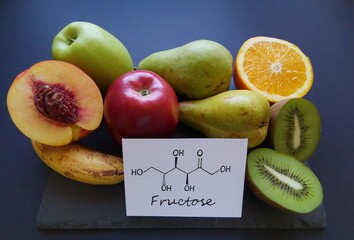 Structural chemical formula of fructose with fresh, low-fructose and high-fructose fruits. Fructose (fruit sugar), is a simple ketonic monosaccharide found in many plants.