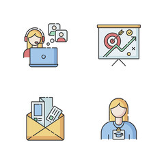 Marketing RGB color icons set. Publicist worker. Newsletter and brochure. Company intern. Marketing strategy. Internship training opportunity. Promotion plan. Isolated vector illustrations