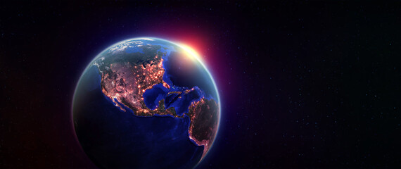 Planet earth in outer space. Night over American continents. Light of night cities in world. Elements of this image furnished by NASA © Siarhei