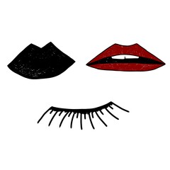 isolated pen drawn lips with black and red lipstick and eyelashes