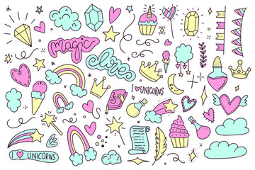 Unicorn and Magic Doodles. Cute unicorn and pony collection with magic items. Hand drawn line style. Vector doodles illustrations.